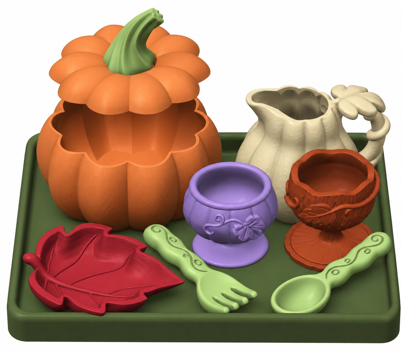 Pumpkin Harvest Pour & Play concept featuring a pumpkin container, leaf-shaped tray, small cups, scoop, rake and autumn-themed play pieces.